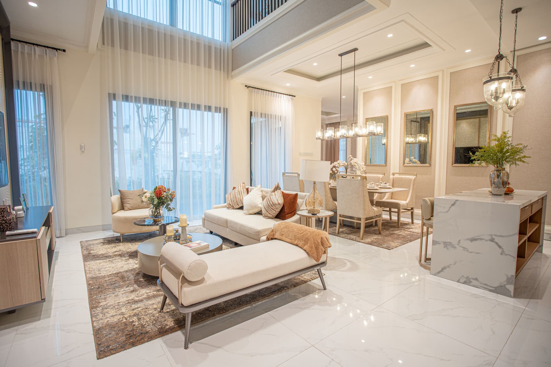 Fully furnished living and dining space — Furniluxe complete home interiors project in Thane