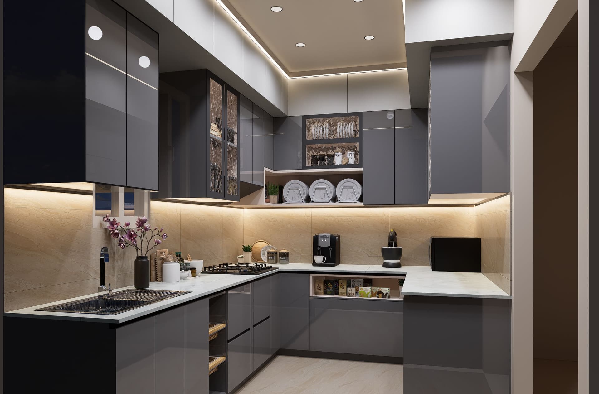 Custom modular kitchen with premium finish cabinets and stone countertop by Furniluxe, Thane