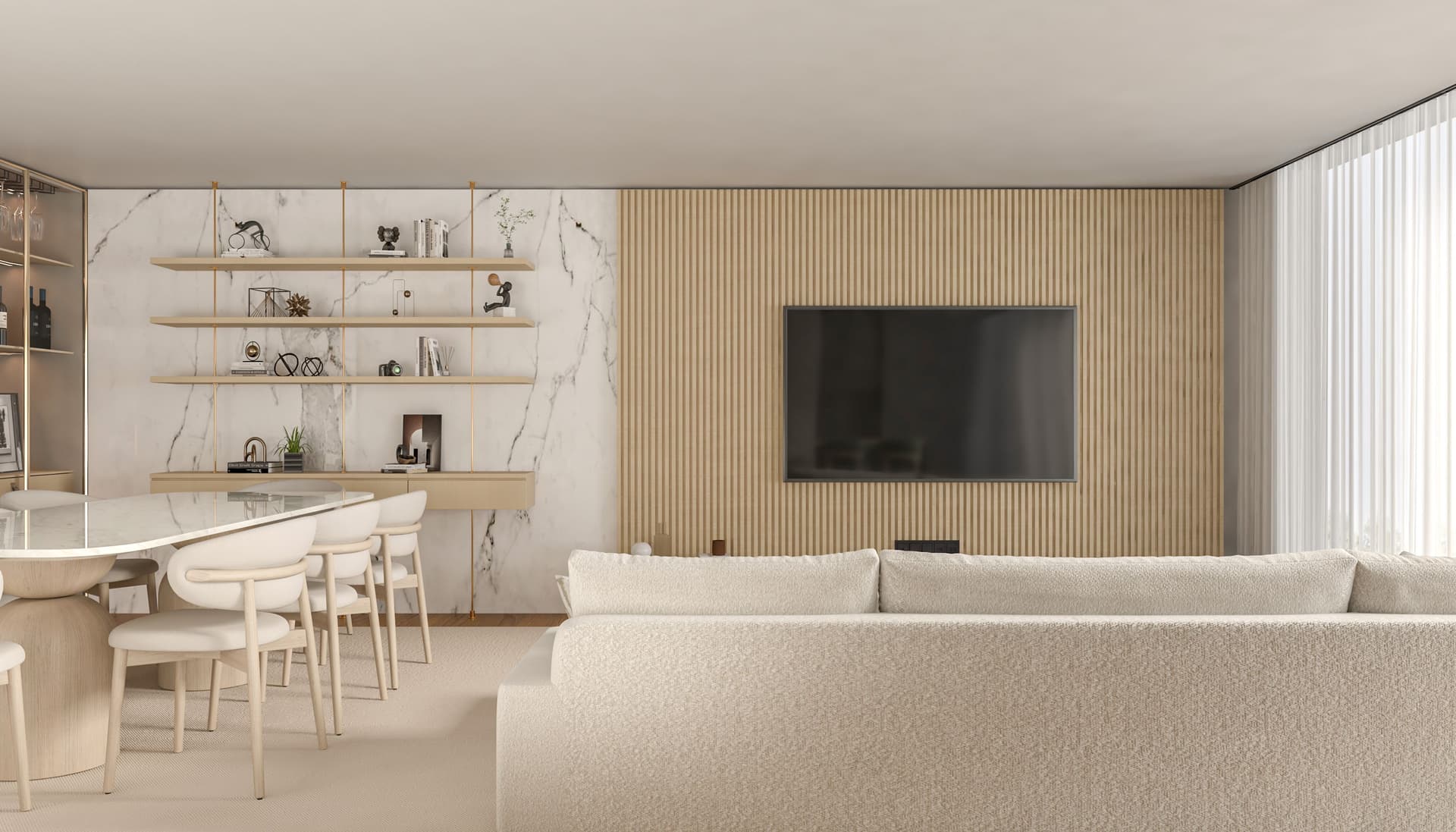 Custom modular living room with built-in TV unit and cabinetry by Furniluxe, Thane