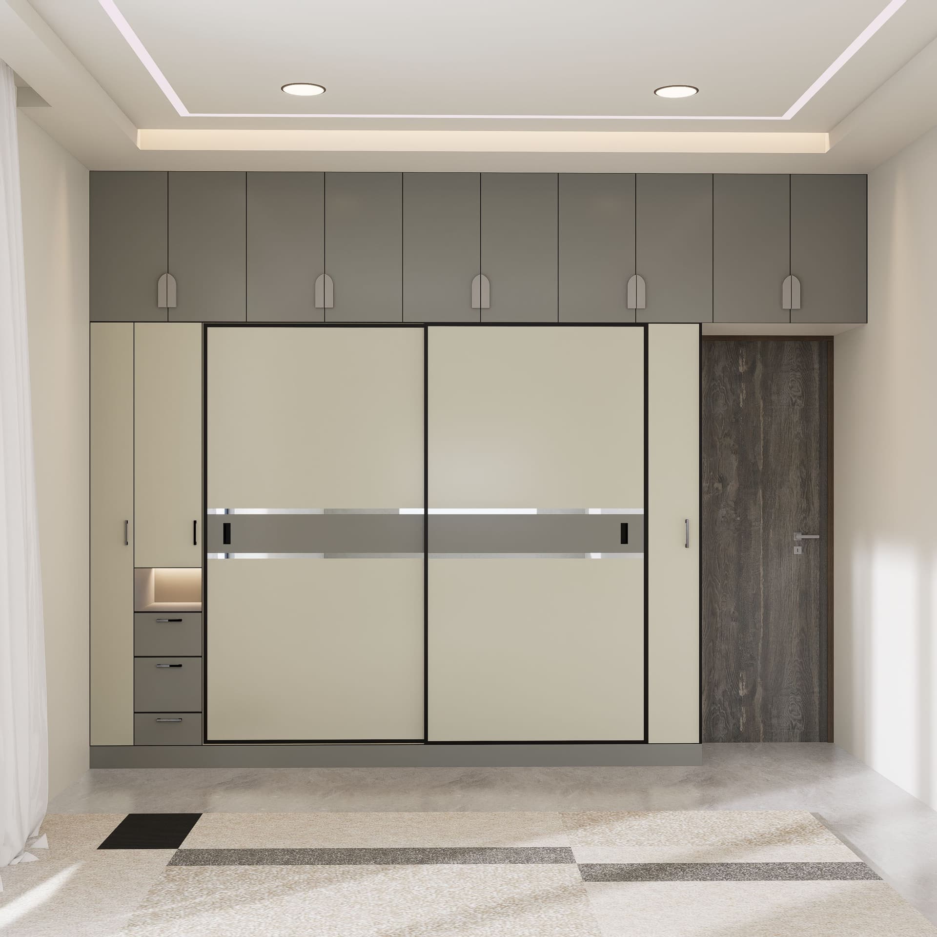 Built-in sliding wardrobe with mirror shutters and organised internal configuration by Furniluxe, Thane